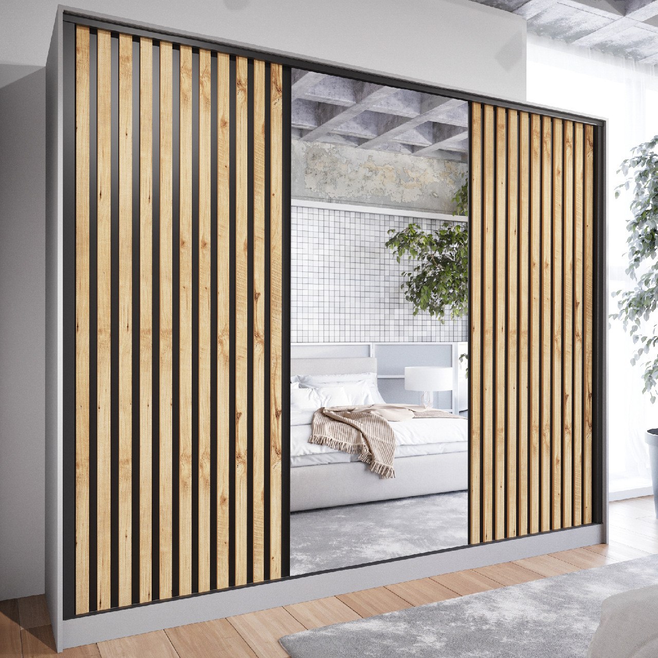 Szafa przesuwna z lustrem LIPI A 250 szary / dąb wotan / czarny - obrazek 2