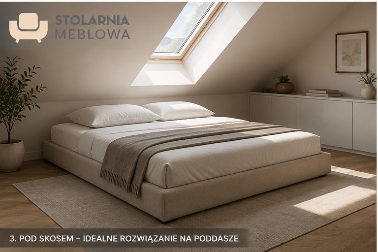 Niskie łóżko tapicerowane do sypialni ze skosem