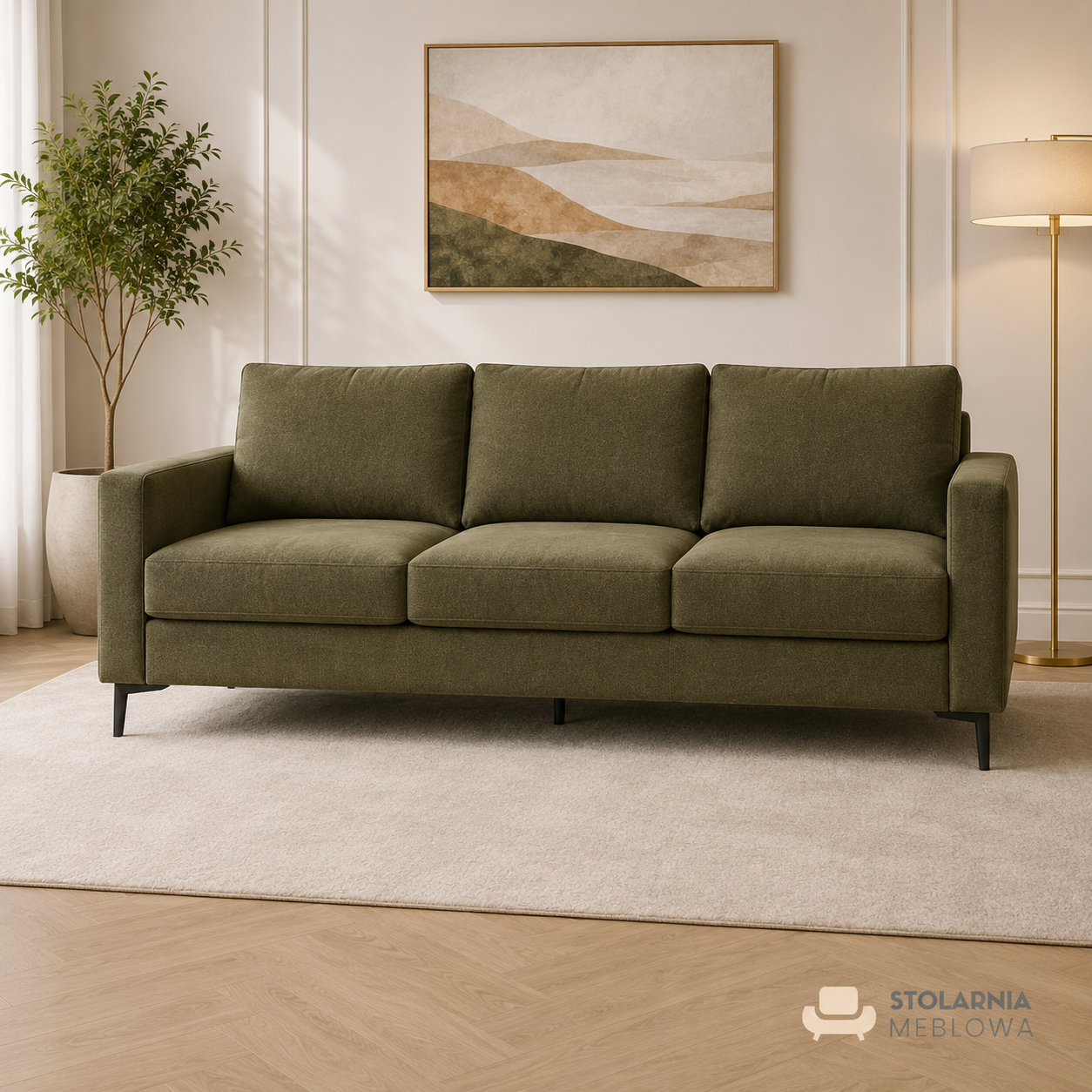 Oliwkowa sofa ORVANI 3 — istniejący materiał produktowy Stolarni Meblowej