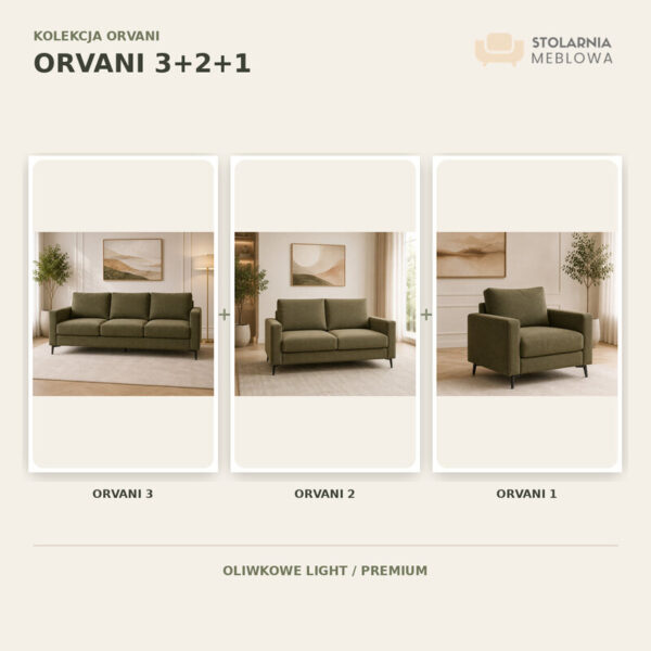 ORVANI 3+2+1 oliwkowy zestaw wypoczynkowy — sofa 3-osobowa, sofa 2-osobowa i fotel