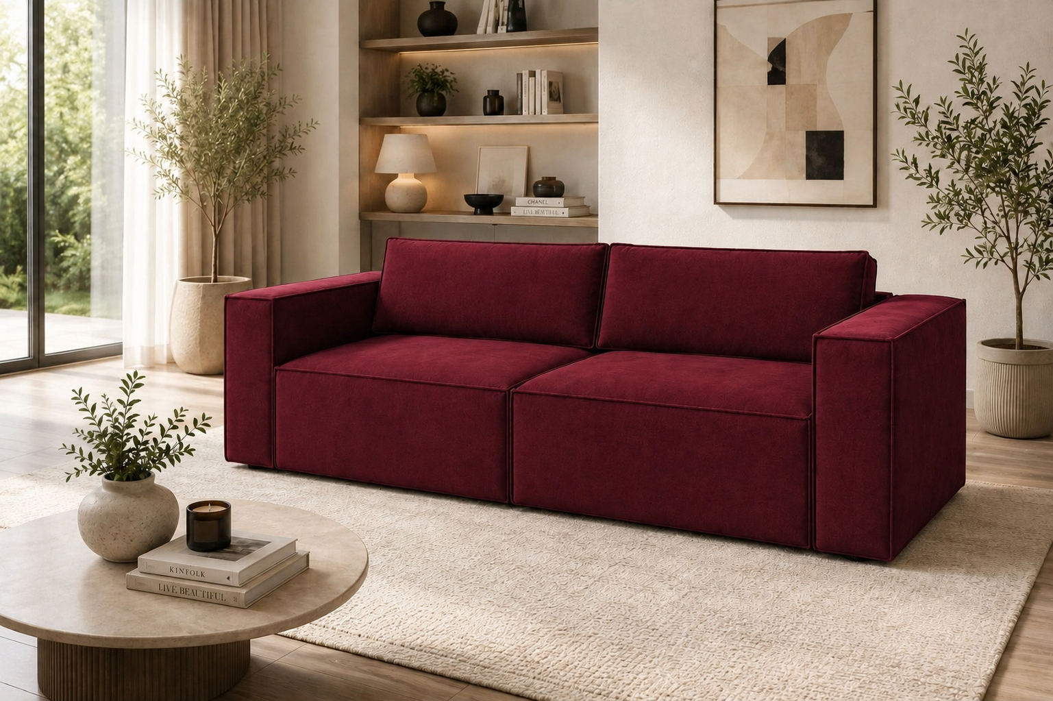Burgundowa sofa VELARO w jasnym salonie — istniejący materiał Stolarni Meblowej
