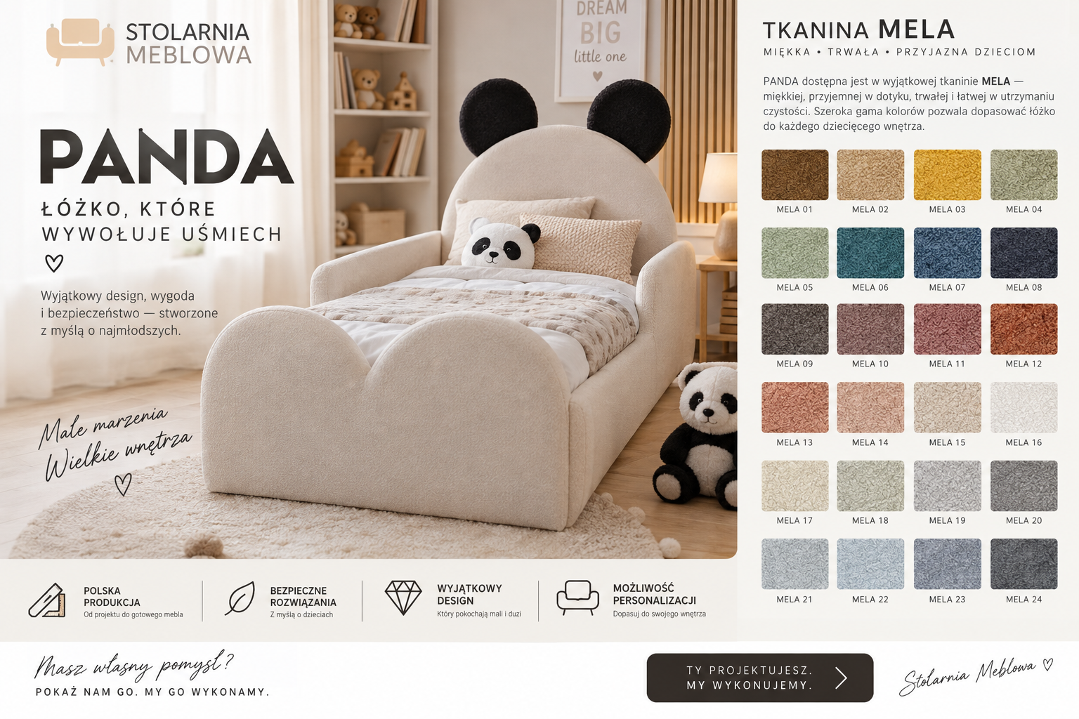 Paleta kolorów tkaniny MELA dla łóżka PANDA